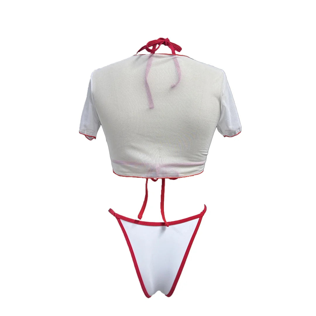 Set Bikini Tre Pezzi Donna Stampa Ciliegia, Top + Bikini a Triangolo