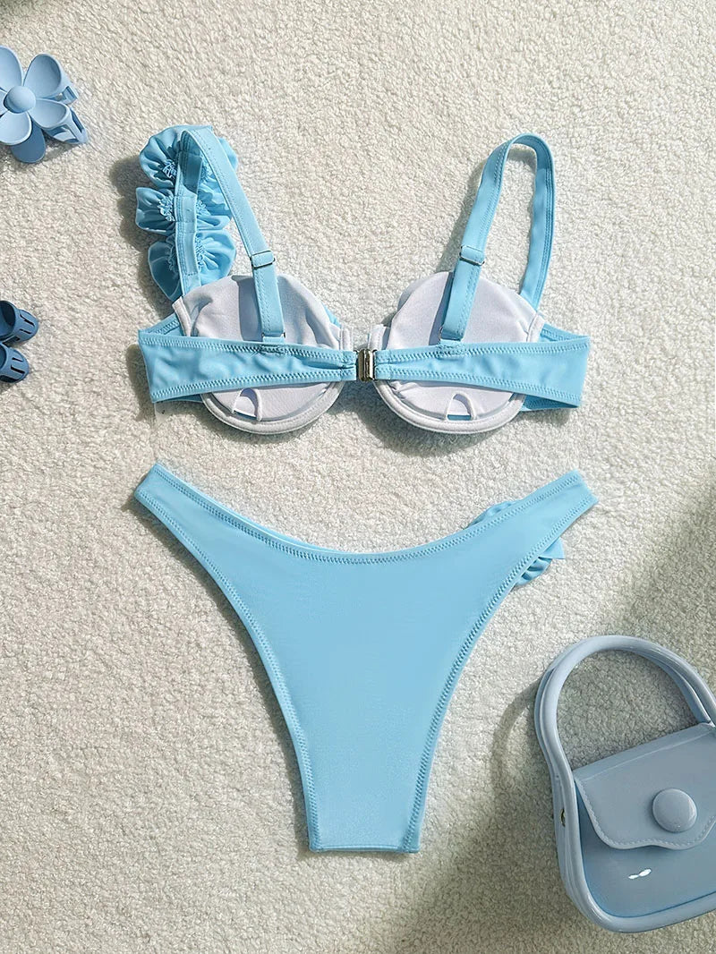 Bikini Donna Due Pezzi Push Up con Fiori 3D e Ferretto