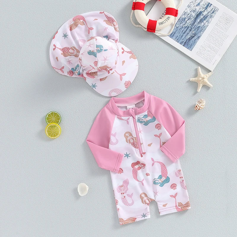 Costume da Bagno per Bambina con Cappellino Falda Larga Stampa Stelle Marine Rosa