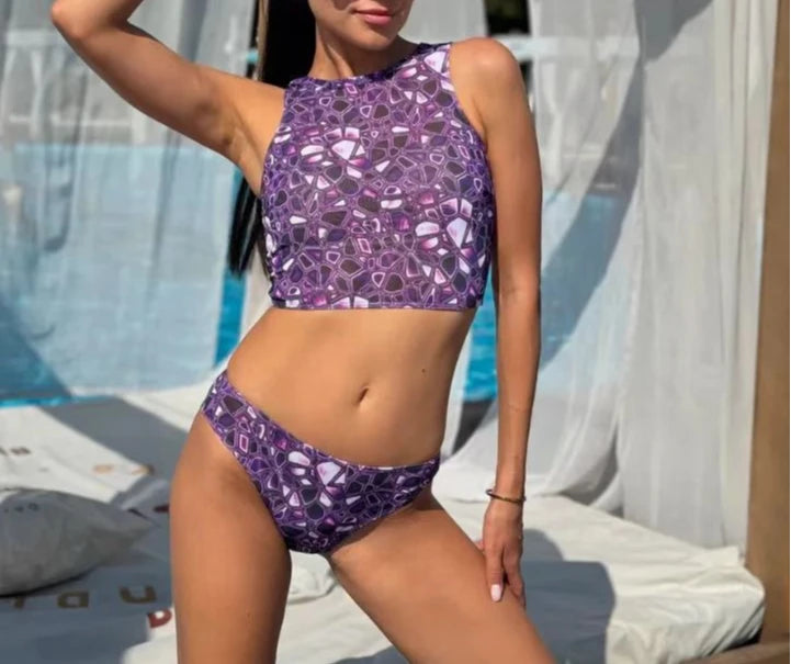 Costume Donna Due Pezzi Top Senza Maniche Stampa Optical con Fascia Capelli Protezione UV