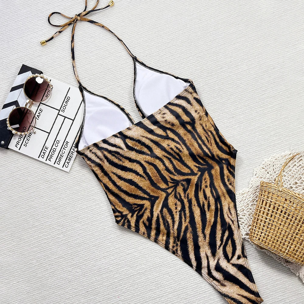 Costume da Bagno Intero Donna con Spalline Regolabili e Stampa Leopardata