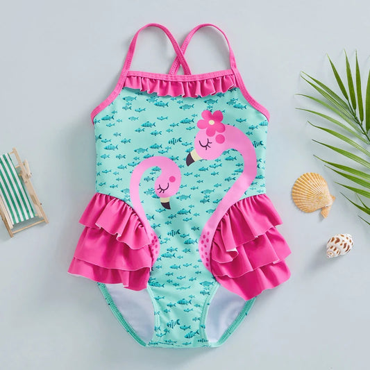 Costume da Bagno Intero per Bambina con Volant e Stampa Fenicottero, 18 Mesi–6 Anni