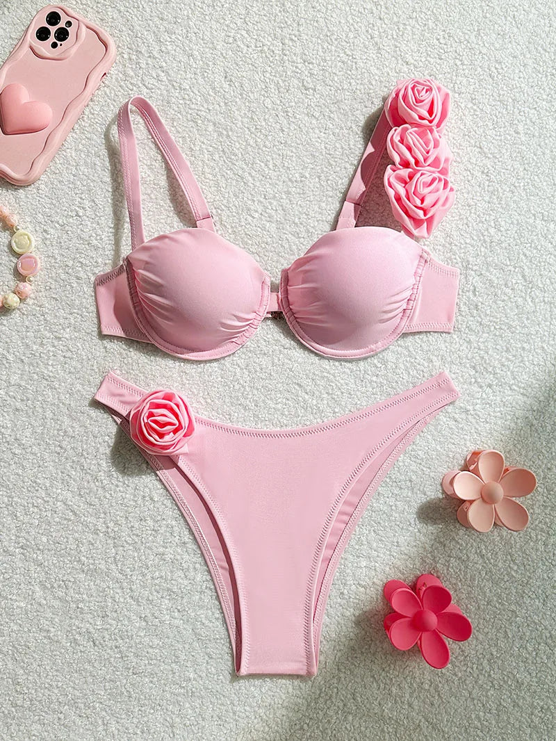 Bikini Donna Due Pezzi Push Up con Fiori 3D e Ferretto
