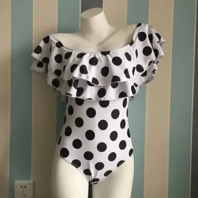 Costume Intero Donna a Pois con Volant e Scollo all'Americana, Beige e Nero, S–4XL