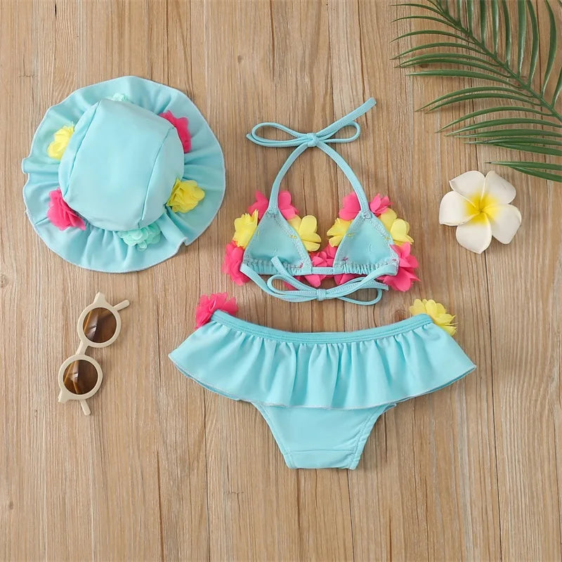 Costume da Bagno per Bambina 3 Pezzi, Bikini a Fiori con Volant e Cappellino da Sole, 6M–24M