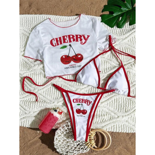 Set Bikini Tre Pezzi Donna Stampa Ciliegia, Top + Bikini a Triangolo