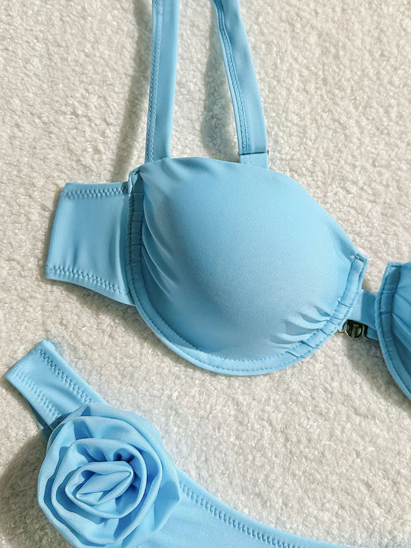 Bikini Donna Due Pezzi Push Up con Fiori 3D e Ferretto