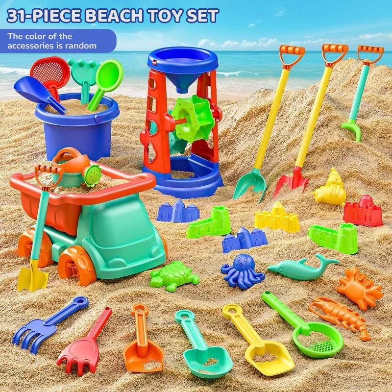 Set 31 Pezzi Giocattoli da Spiaggia per Bambini – Secchio, Pale, Stampi Dinosauri e Buggy