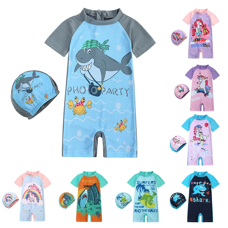 Costume da Bagno Intero per Bambini con Cuffia Abbinata – Set Nuoto con Protezione UV, 12M–8 Anni  12 Fantasie