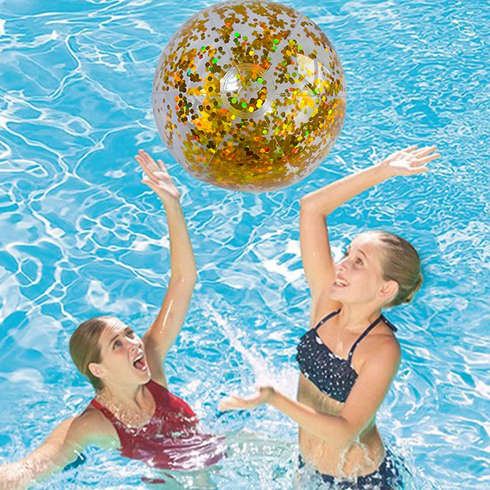 Pallone da Spiaggia Gonfiabile Trasparente con Paillettes – 40 cm – Argento, Oro, Blu, Rosa