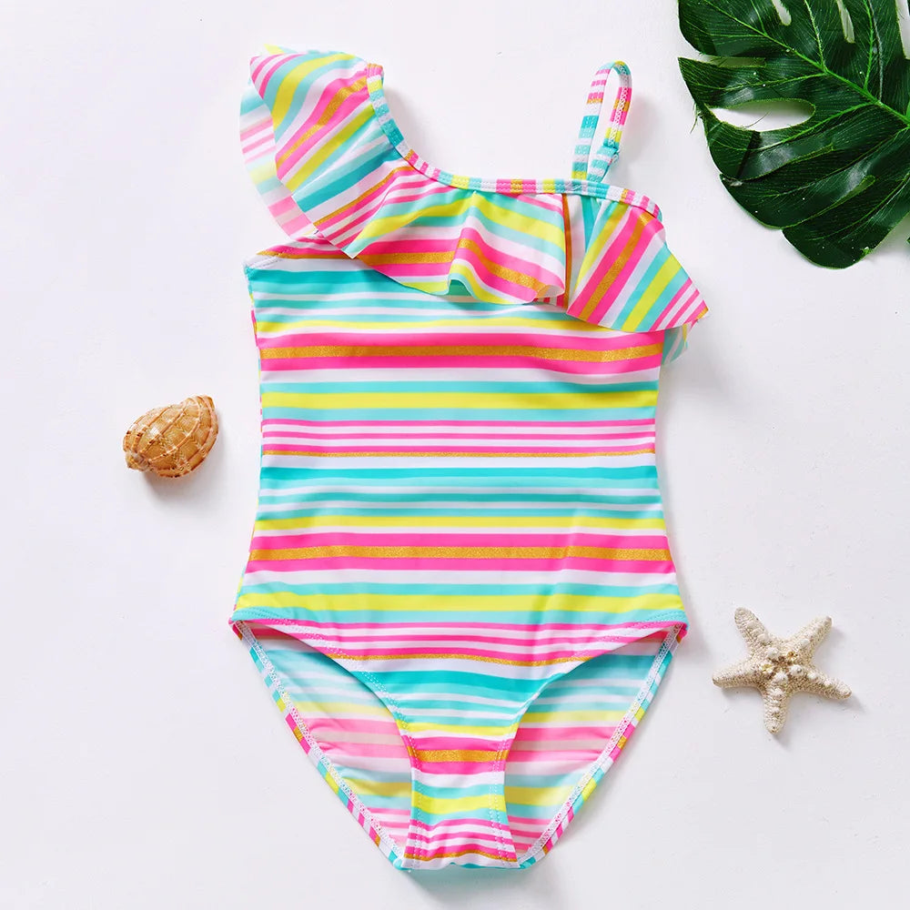 Costume da Bagno Intero Bambina con Balze e Stampa Fantasia – 21 Fantasie, Taglie 1–8 Anni