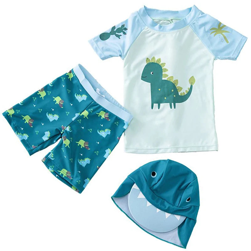 Set Nuoto Bambini 3 Pezzi UPF50+ – Rash Guard + Costume + Cuffia - Squalo Dinosauro Mare Piscina, XS(2)–3XL(14) 20 Fantasie