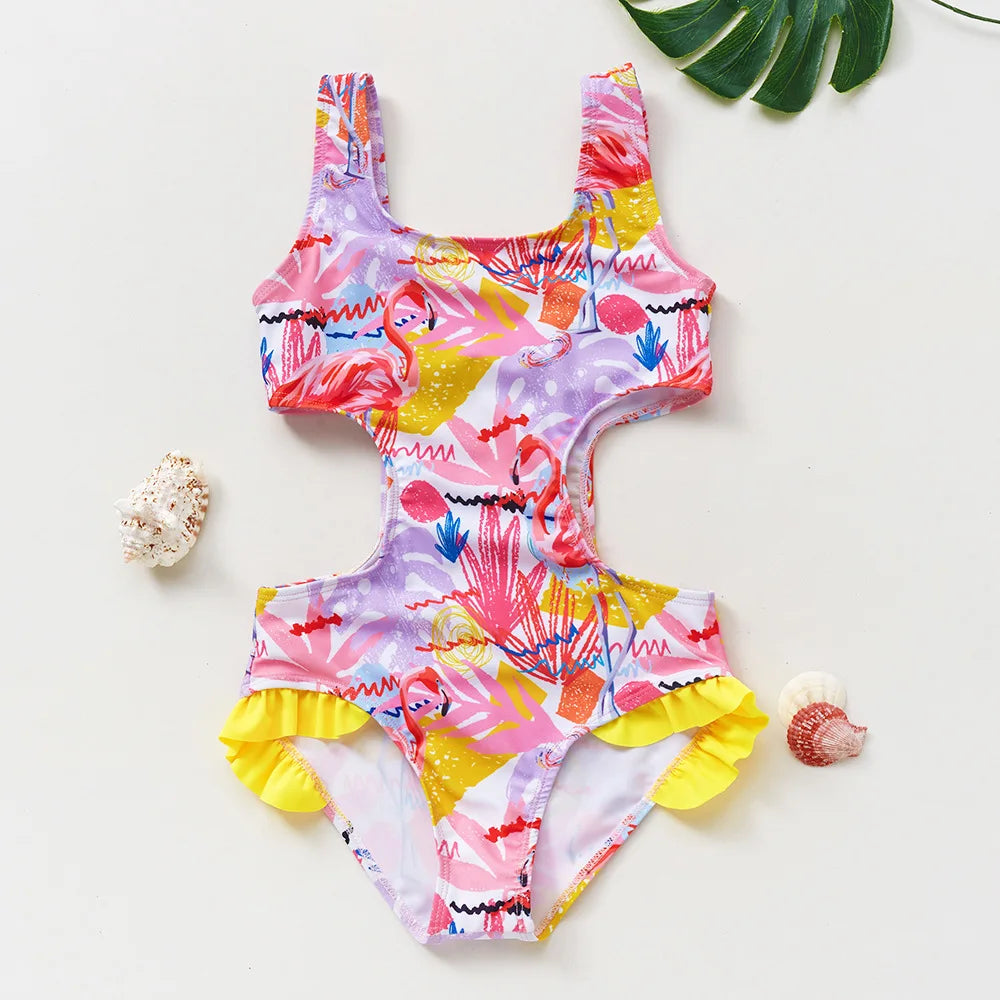 Costume da Bagno Intero Bambina con Balze e Stampa Fantasia – 21 Fantasie, Taglie 1–8 Anni