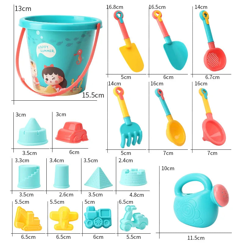 Set Giocattoli da Spiaggia per Bambini – Secchio, Pala e Stampi per la Sabbia – 14 o 18 Pezzi
