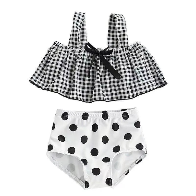 Costume da Bagno per Bambina 3 Pezzi con Cuffia – Bikini Stile Coreano a Quadri con Fiocco Farfalla, 10–30 kg Bianco e Nero