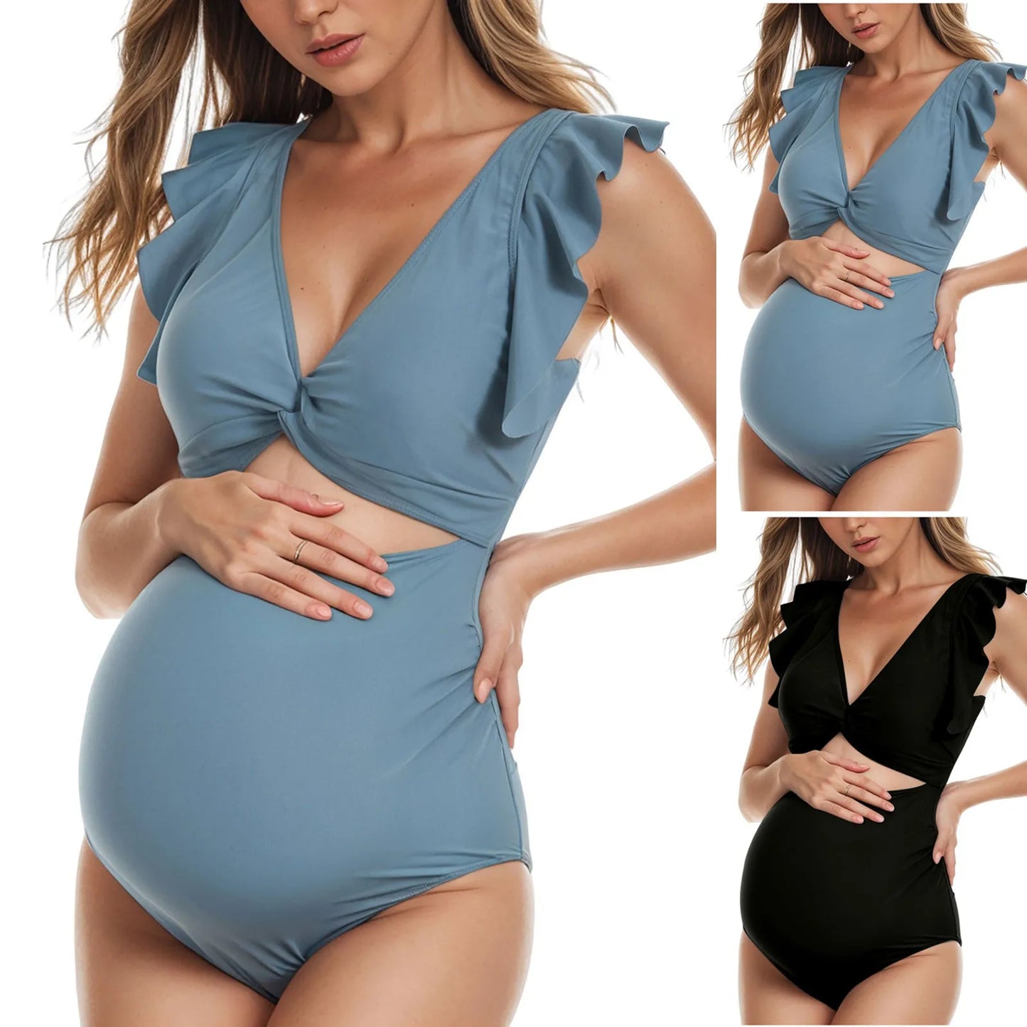 Costume da Bagno Premaman Intero con Volant e Allacciatura con Gancio sul Retro – Costume Maternità Push-Up a Vita Alta S-XL 2 Colori
