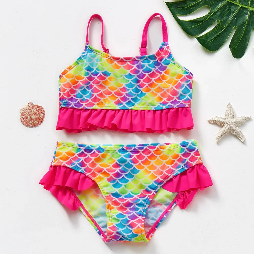 Bikini Due Pezzi Bambina con Volant – Costume da Bagno Estivo Senza Maniche, 12 Fantasie, 3–12 Anni