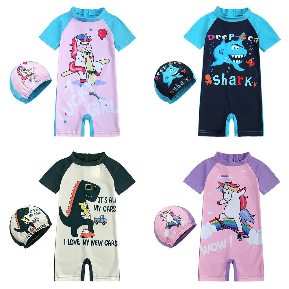 Costume da Bagno Intero per Bambini con Cuffia Abbinata – Set Nuoto con Protezione UV, 12M–8 Anni  12 Fantasie