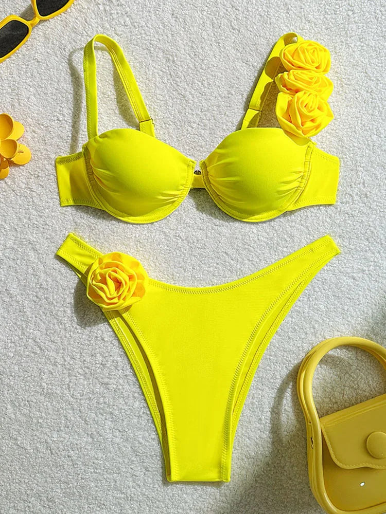 Bikini Donna Due Pezzi Push Up con Fiori 3D e Ferretto