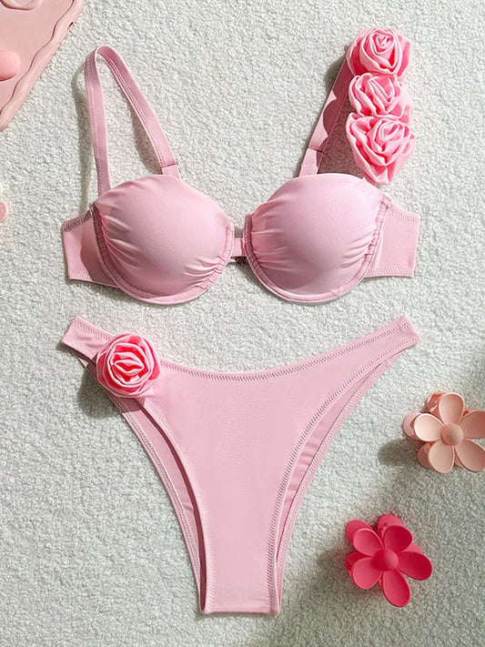 Bikini Donna Due Pezzi Push Up con Fiori 3D e Ferretto