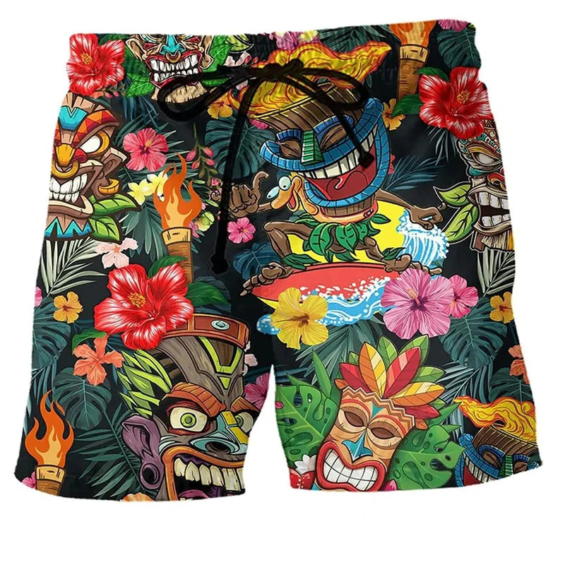 Bermuda da Spiaggia Uomo con Stampa Tiki Retrò – Pantaloncini Casual Estivi, Taglie Bambino e Adulto (4T–6XL)