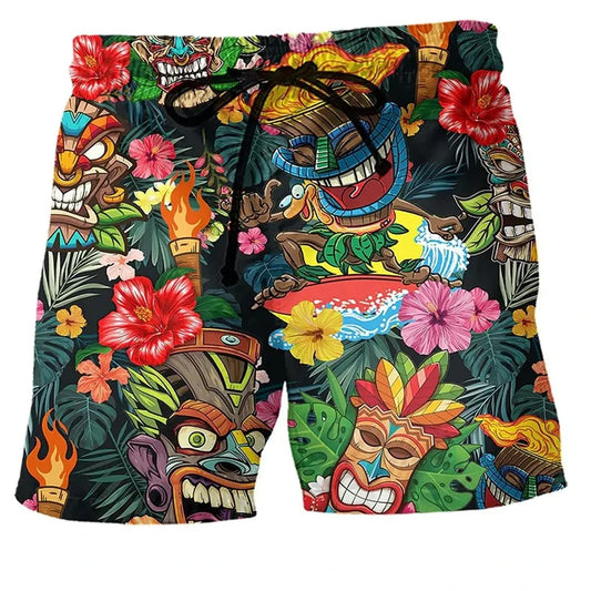 Bermuda da Spiaggia Uomo con Stampa Tiki Retrò – Pantaloncini Casual Estivi, Taglie Bambino e Adulto (4T–6XL)