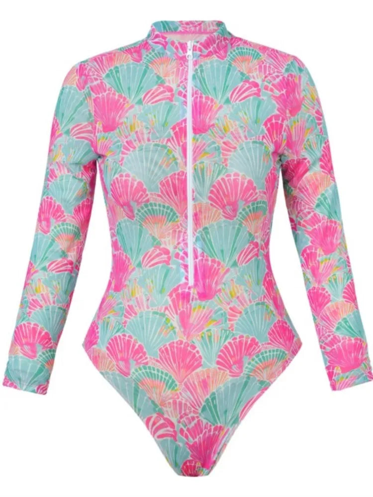 Costume Intero Donna Rashguard Manica Lunga con Zip Frontale e Stampa Floreale