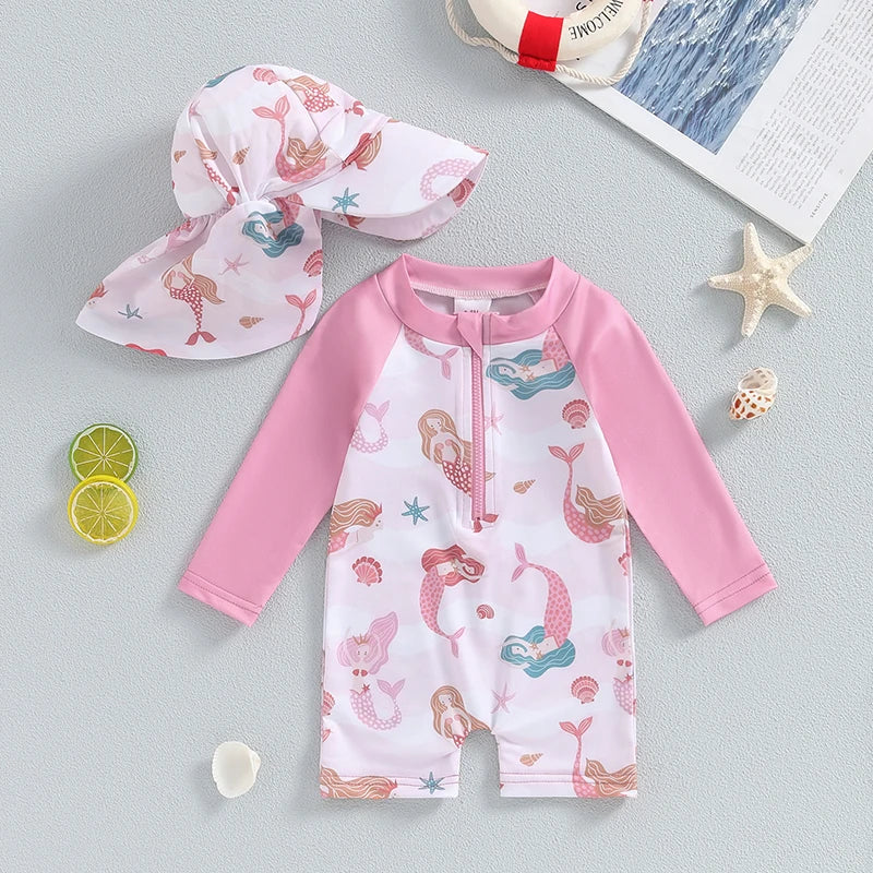 Costume da Bagno per Bambina con Cappellino Falda Larga Stampa Stelle Marine Rosa