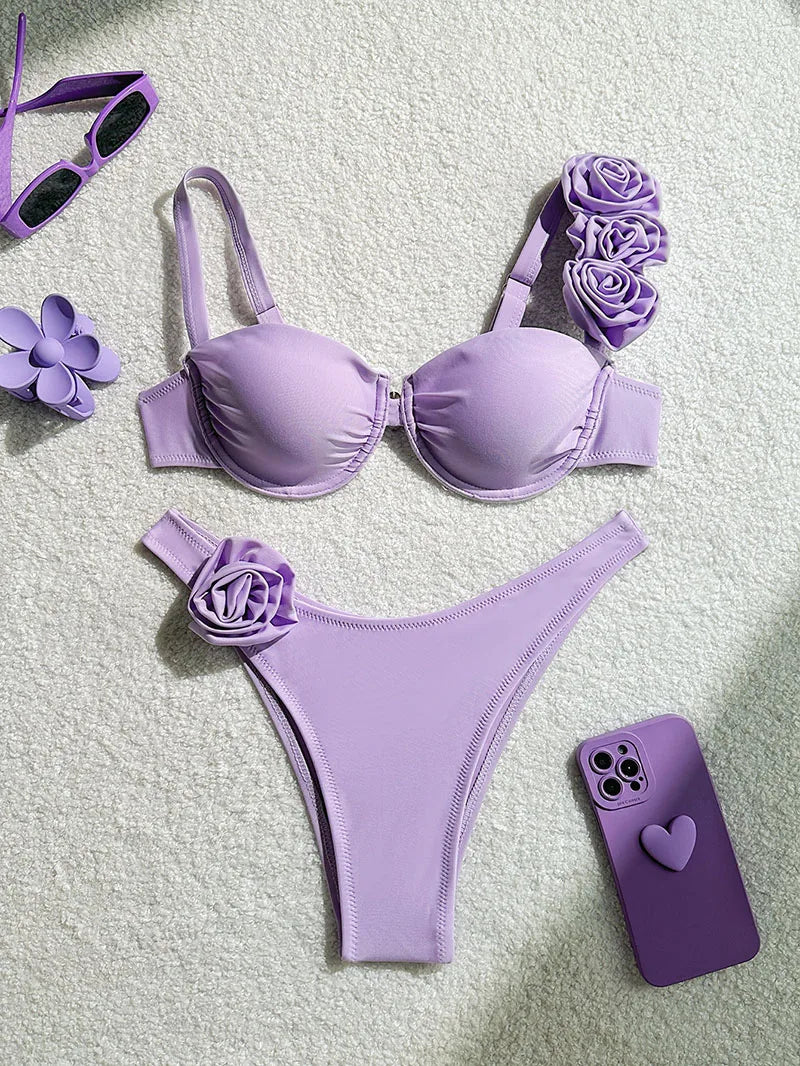 Bikini Donna Due Pezzi Push Up con Fiori 3D e Ferretto