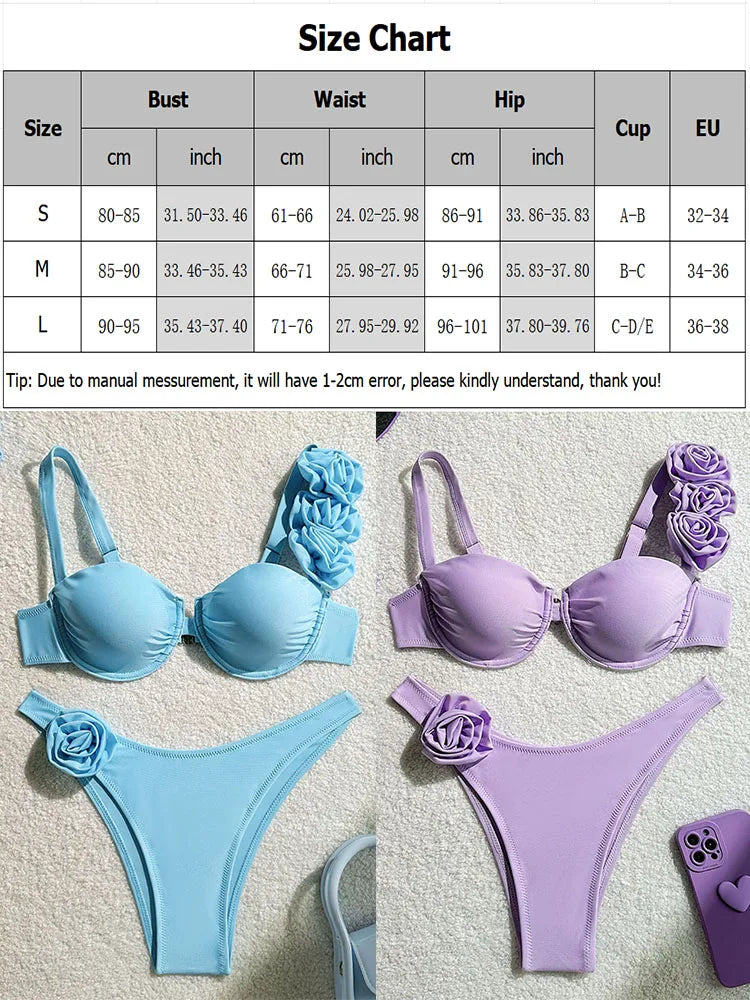 Bikini Donna Due Pezzi Push Up con Fiori 3D e Ferretto
