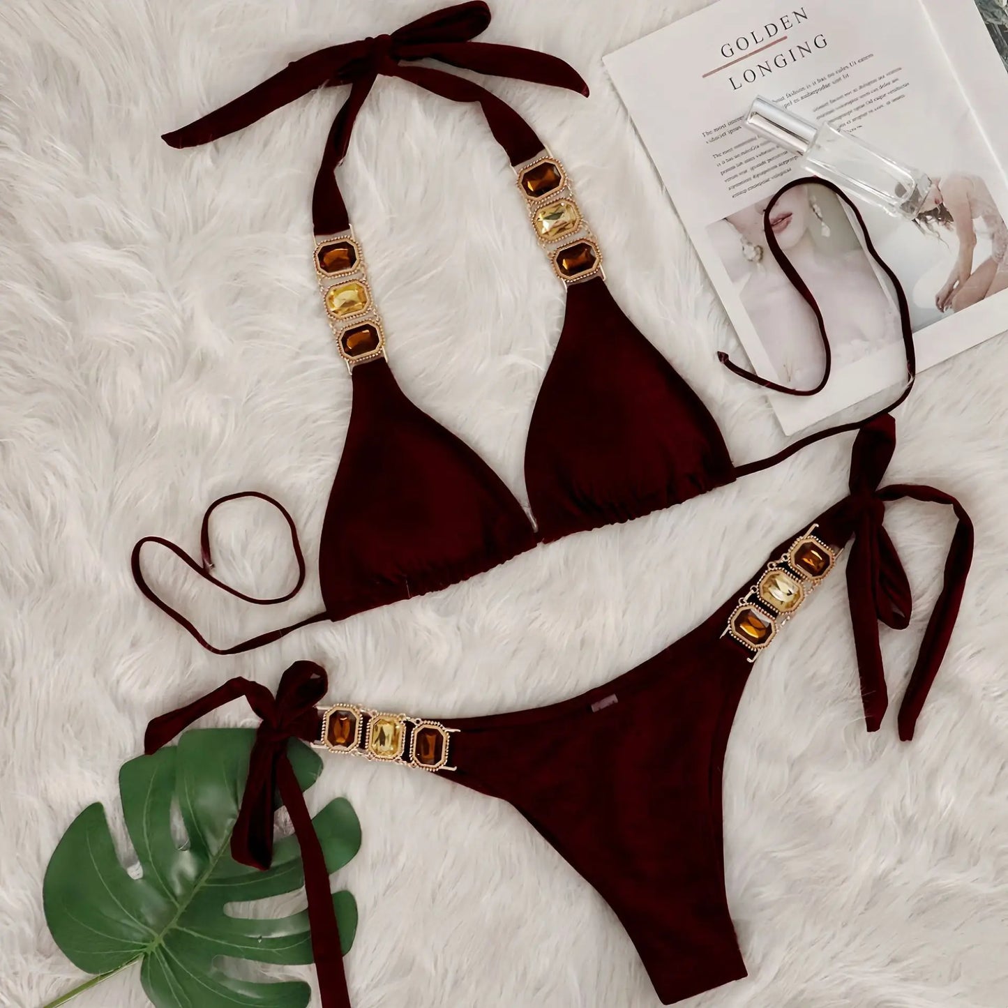 Bikini Donna Due Pezzi con Laccetti Sottili e Strass