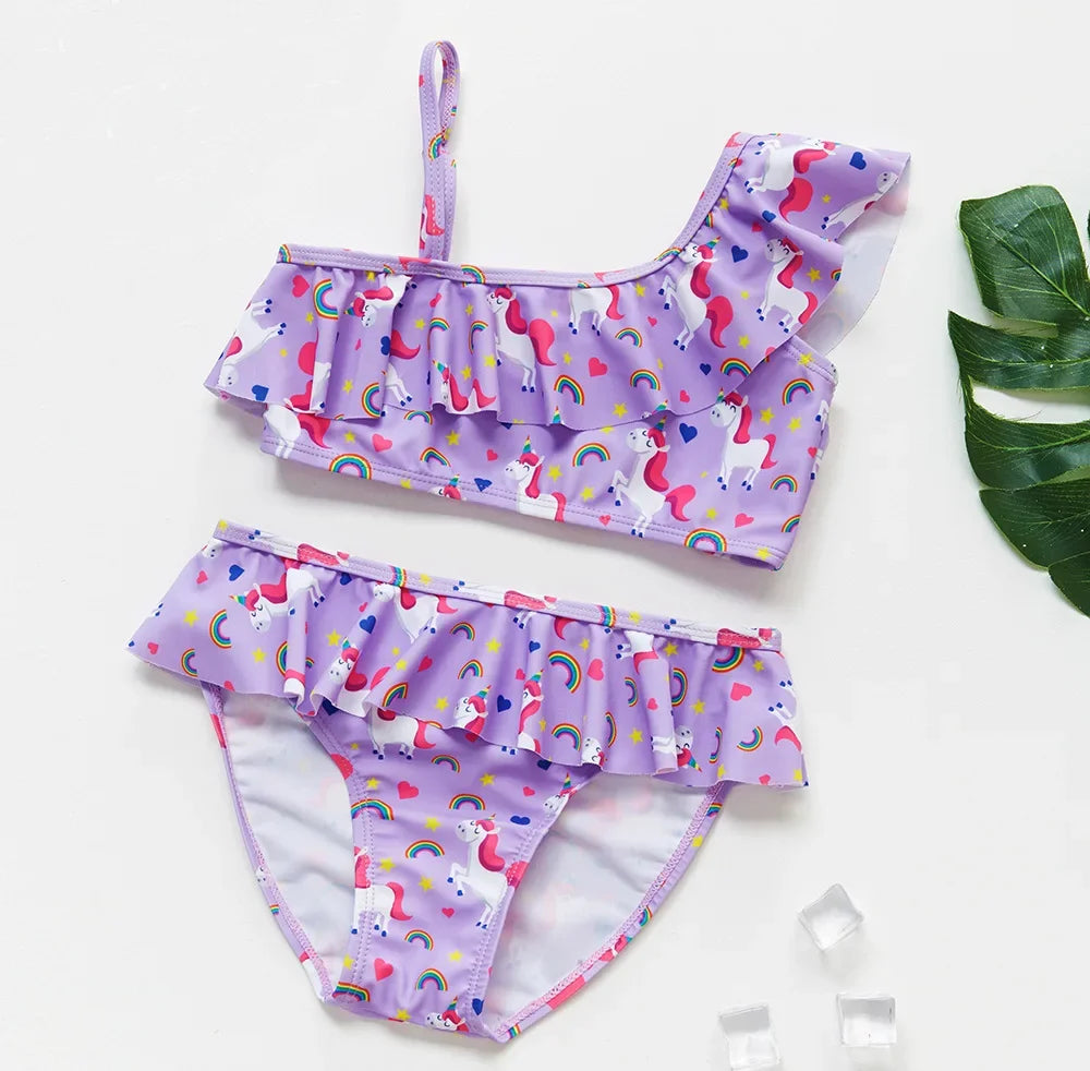 Bikini Due Pezzi Bambina con Volant – Costume da Bagno Estivo Senza Maniche, 12 Fantasie, 3–12 Anni