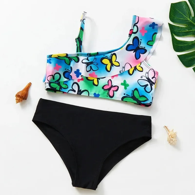 Bikini Due Pezzi Bambina con Volant – Costume da Bagno Estivo Senza Maniche, 12 Fantasie, 3–12 Anni