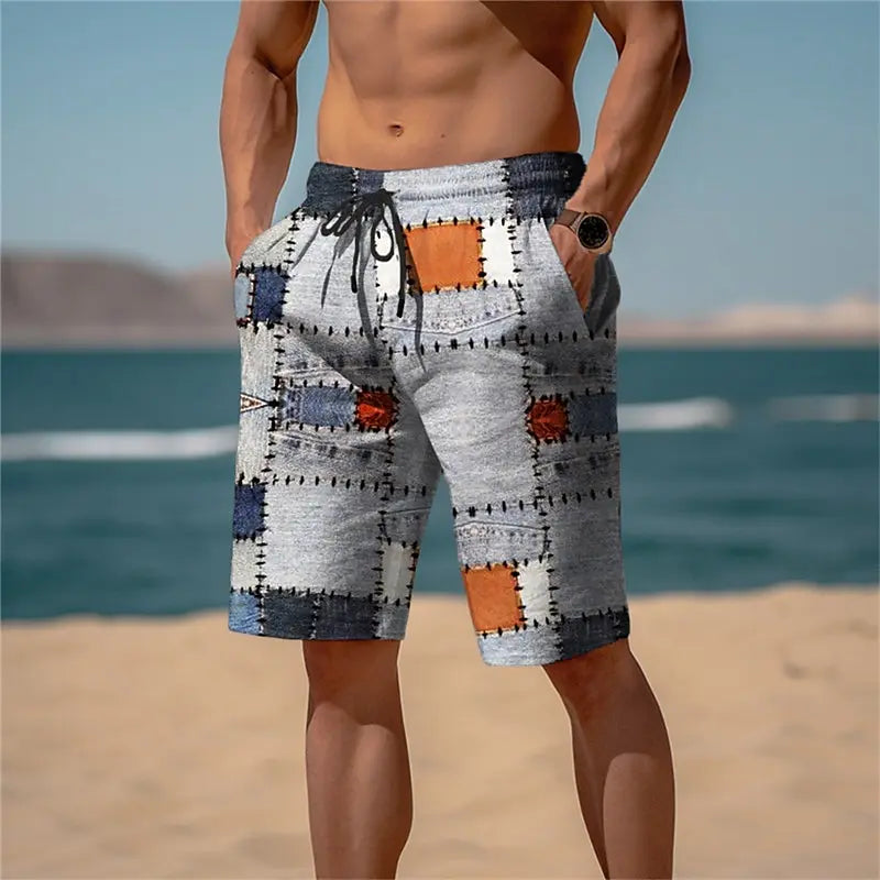 Bermuda da Spiaggia Uomo con Stampa Patchwork – Pantaloncini Casual Estivi con Motivi a Quadri Irregolari, S–5XL,4 Colori