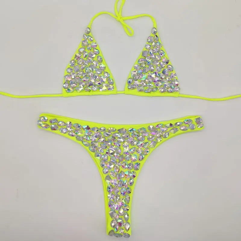 Bikini Donna 2 Pezzi Halter Push-Up con Strass, Vita Bassa, Tinta Unita, S–L