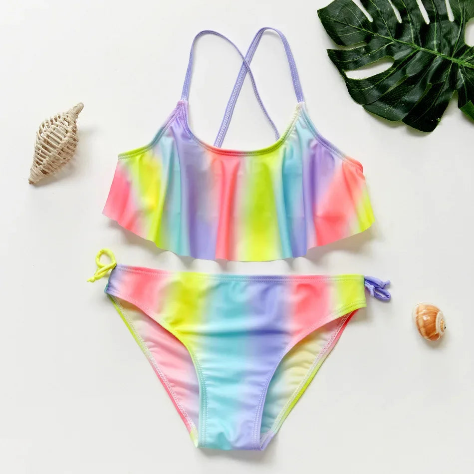 Bikini Due Pezzi Bambina con Volant – Costume da Bagno Estivo Senza Maniche, 12 Fantasie, 3–12 Anni