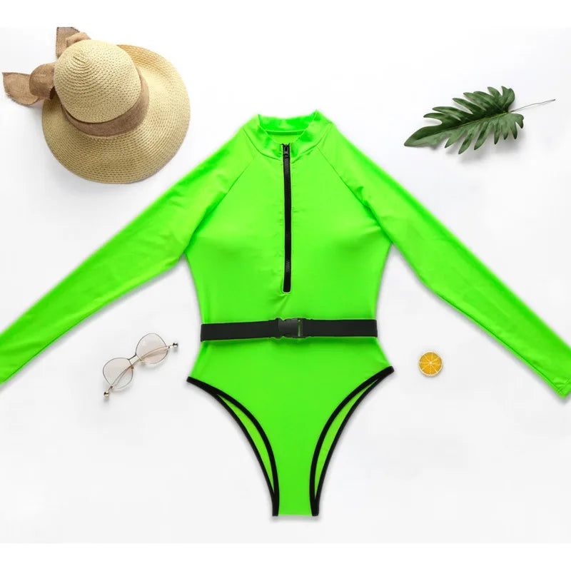 Costume Intero Donna Manica Lunga con Cerniera – Verde Fluo / Fucsia Fluo, Protezione UV, Surf