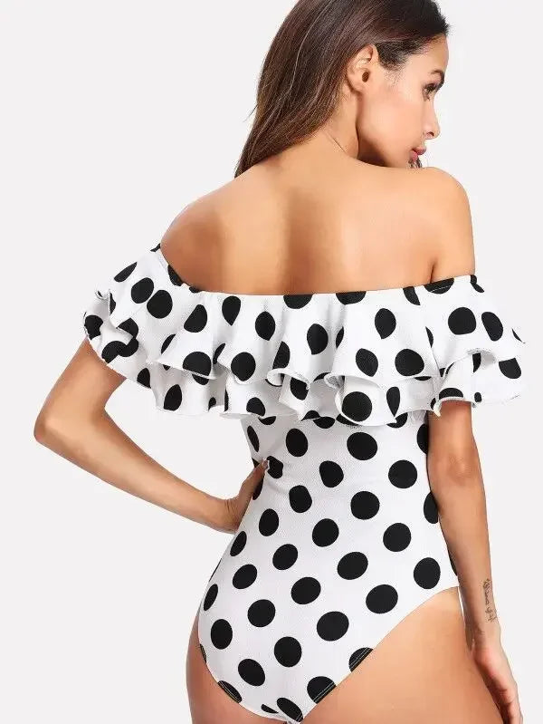 Costume Intero Donna a Pois con Volant e Scollo all'Americana, Beige e Nero, S–4XL