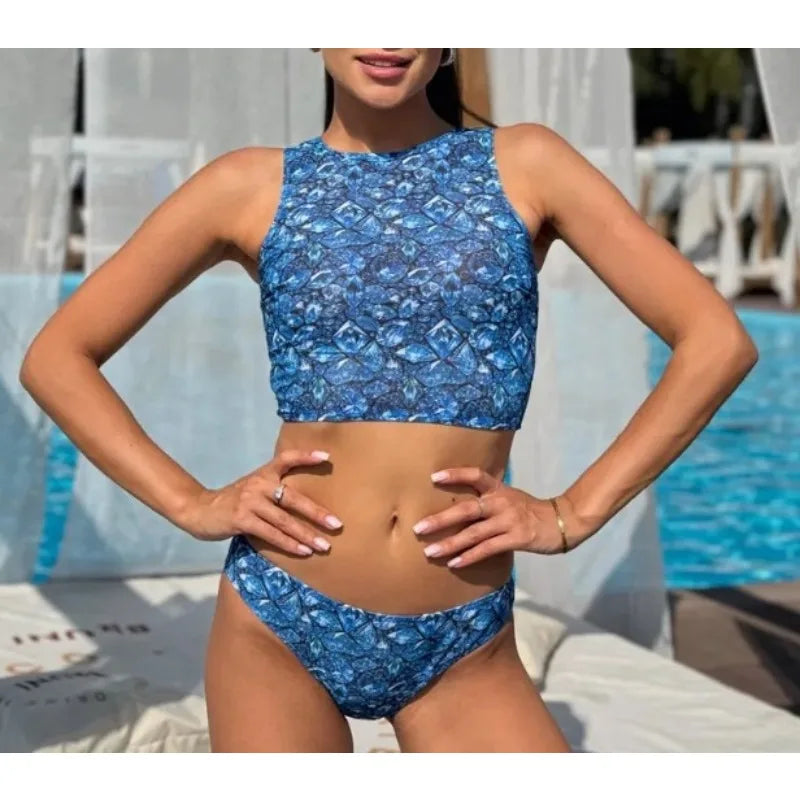 Costume Donna Due Pezzi Top Senza Maniche Stampa Optical con Fascia Capelli Protezione UV