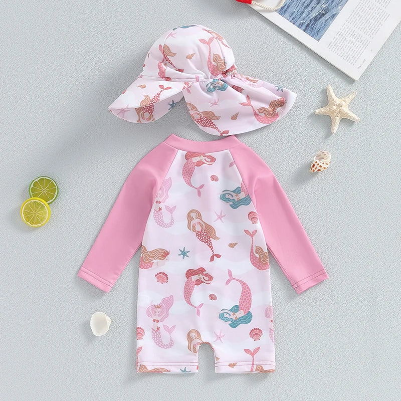 Costume da Bagno per Bambina con Cappellino Falda Larga Stampa Stelle Marine Rosa