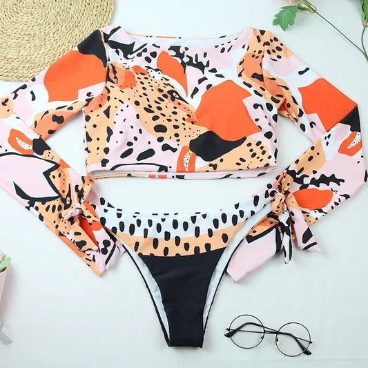 Costume da Bagno Donna Due Pezzi Manica Lunga Stampa Animalier
