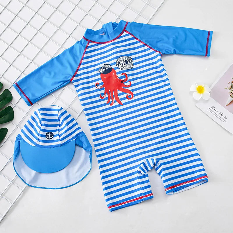 Costume da Bagno per Bambini con Protezione UV UPF50 – Set Rash Guard con Cappellino Abbinato e Fantasia Marina, XS–2XL | 10 Fantasie