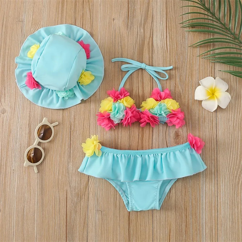 Costume da Bagno per Bambina 3 Pezzi, Bikini a Fiori con Volant e Cappellino da Sole, 6M–24M