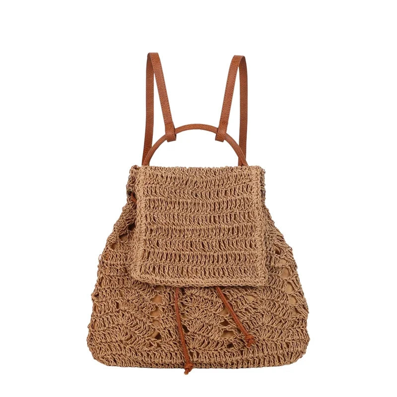 Zaino da Donna in Paglia Intrecciata Stile Boho – Chiusura a Corda, Tracolla Arcuata – 2 Colori