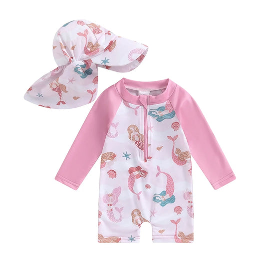 Costume da Bagno per Bambina con Cappellino Falda Larga Stampa Stelle Marine Rosa
