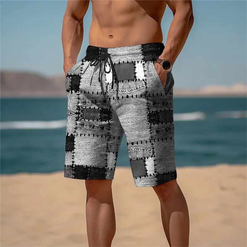 Bermuda da Spiaggia Uomo con Stampa Patchwork – Pantaloncini Casual Estivi con Motivi a Quadri Irregolari, S–5XL,4 Colori