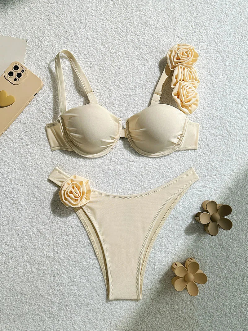 Bikini Donna Due Pezzi Push Up con Fiori 3D e Ferretto