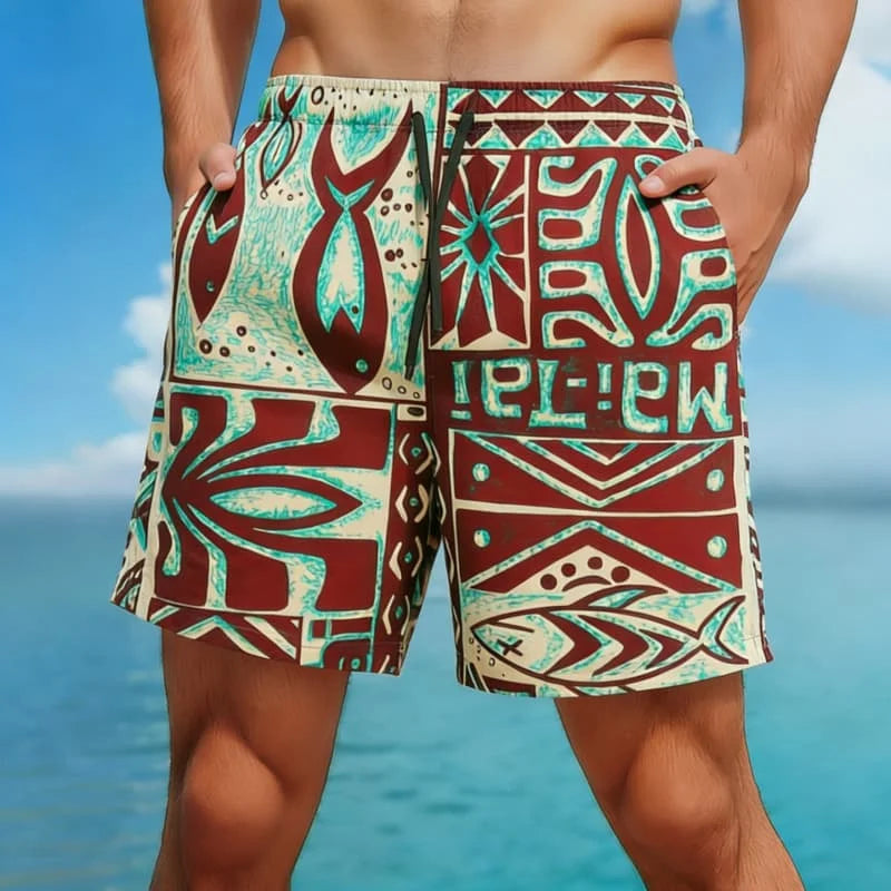 Bermuda da Spiaggia Uomo con Stampa Etnica – Pantaloncini Casual Estivi con Motivi Tribali e Geometrici, S–5XL,8 Colori