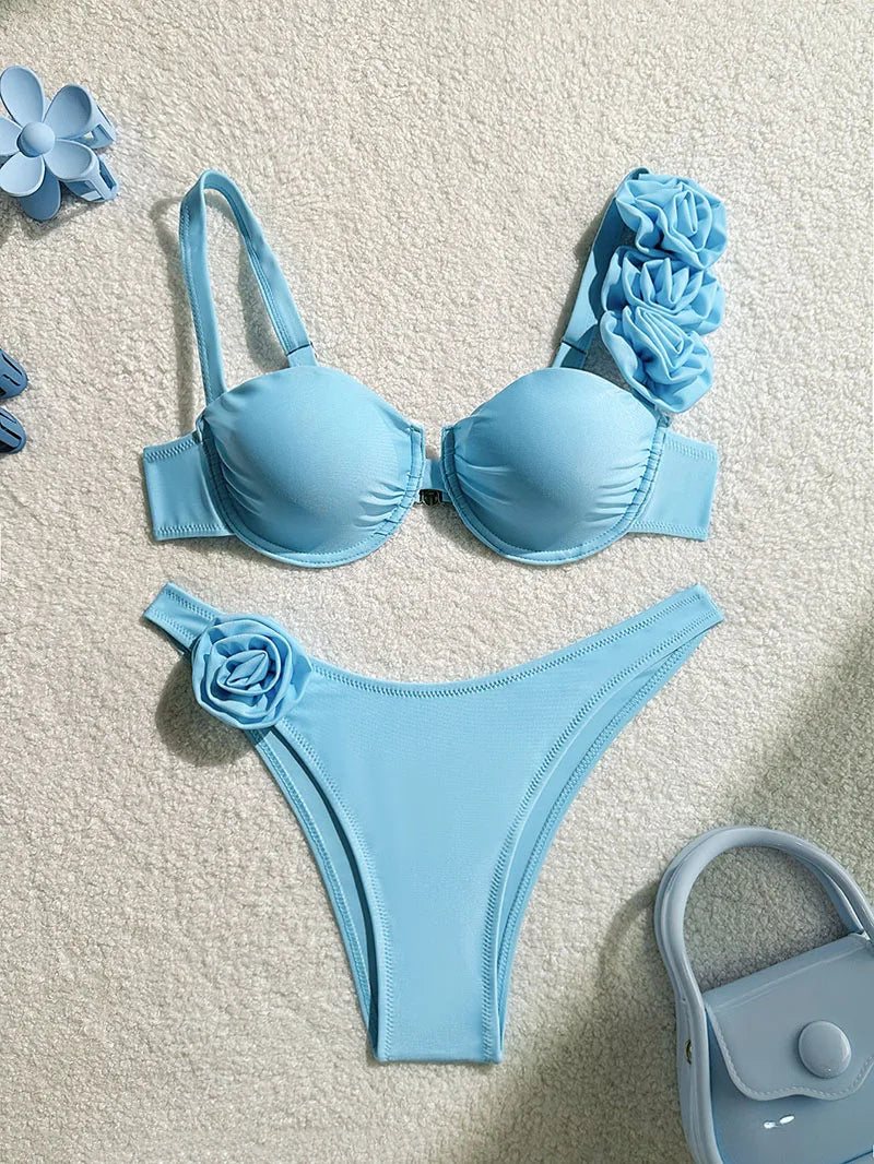 Bikini Donna Due Pezzi Push Up con Fiori 3D e Ferretto