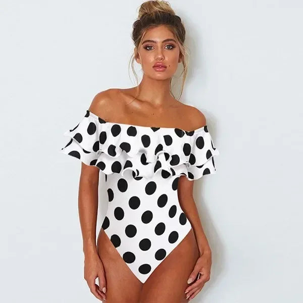 Costume Intero Donna a Pois con Volant e Scollo all'Americana, Beige e Nero, S–4XL
